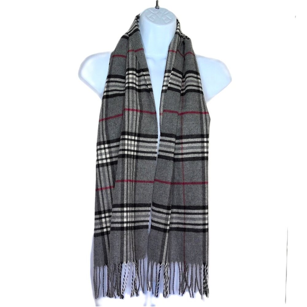New Cashmink Plaid Scarf V. Fraas Germany Fringe Gray Black &  Red Soft NWOT